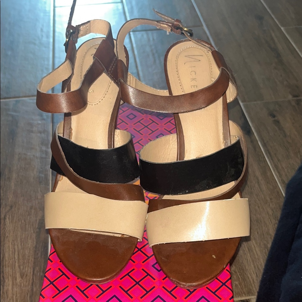 Nickels Three-Tone Leather Sandals in Brown, Black & Cream